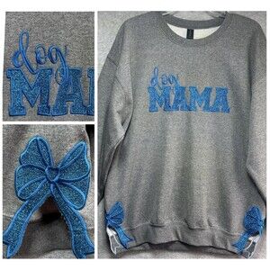 Boutique Dog Mama Sweatshirt Women’s Large Bows Glitter Appliqué Gray Blue Mom